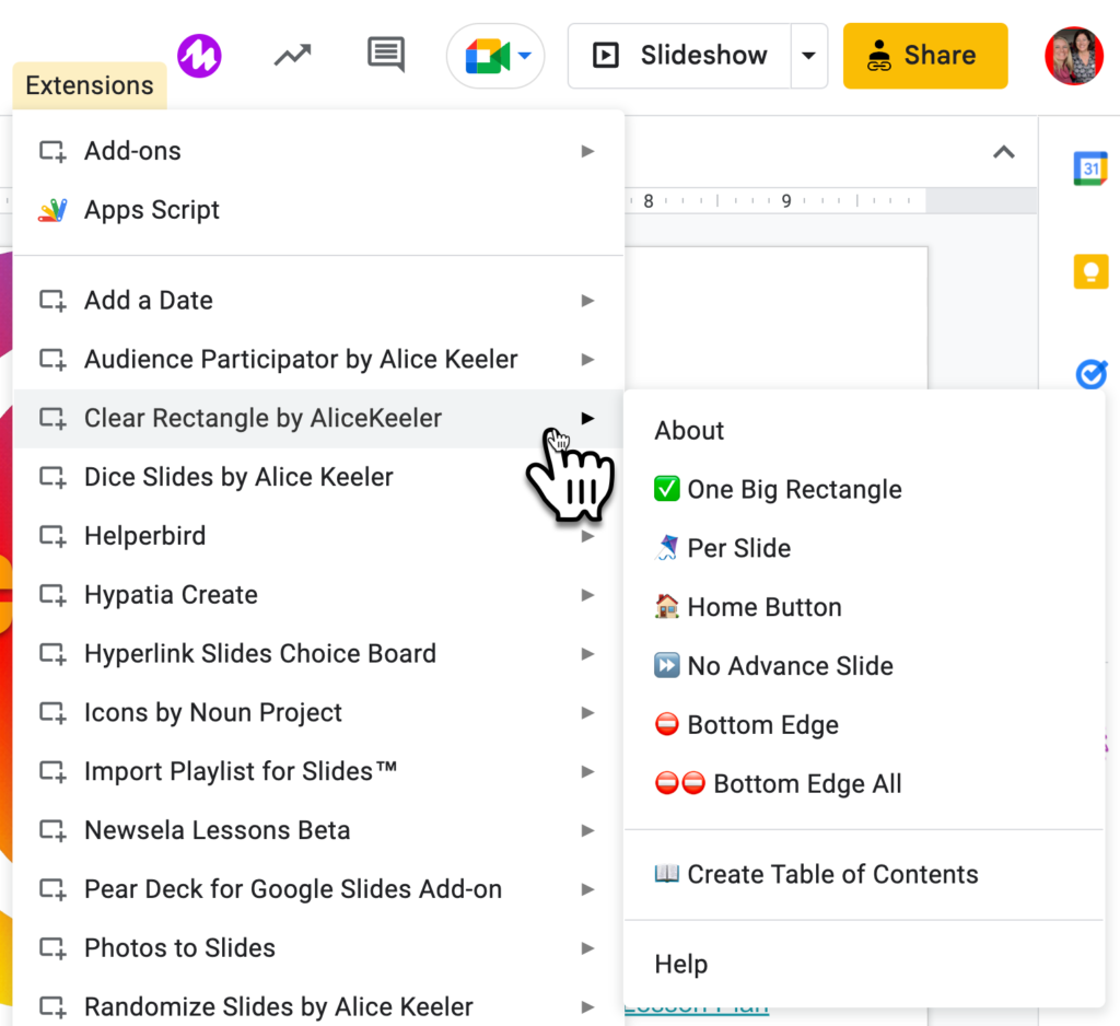 Extensions menu clear rectangle