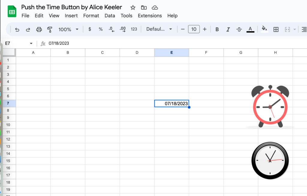 clock icon on the spreadsheet